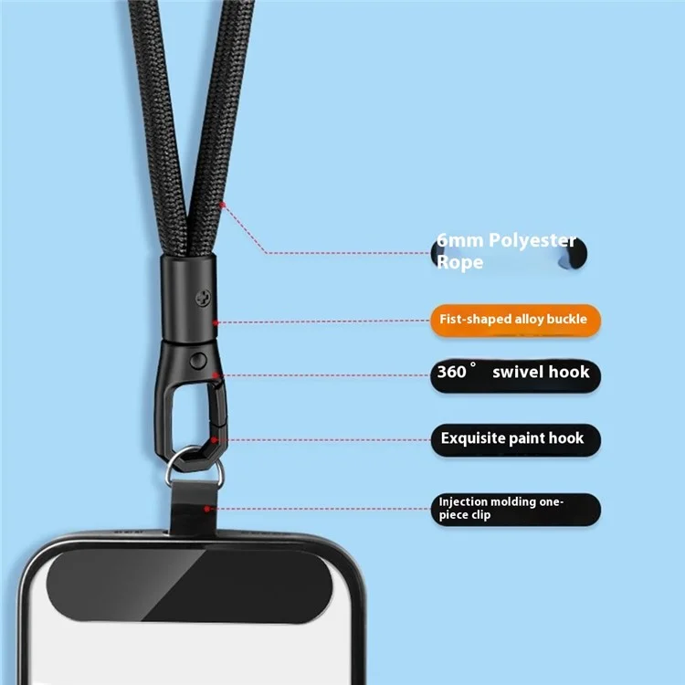 6mm Polyester Wrist Strap for Mobile Phone Lanyard with Tether Tab, Rotating Buckle - Black