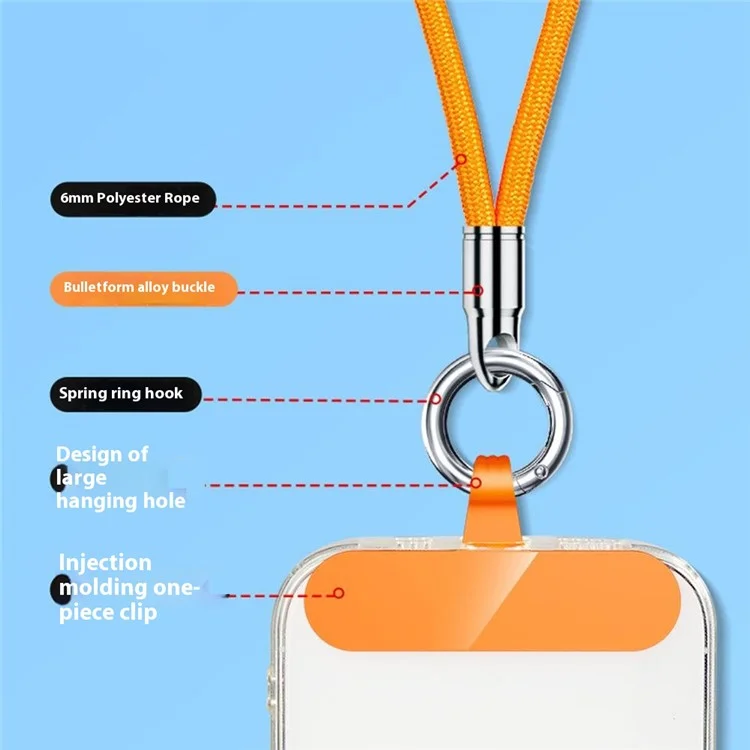 6mm Bullet-Shaped Phone Lanyard with Tether Tab, Detachable Buckle Cell Phone Wrist Strap - Orange
