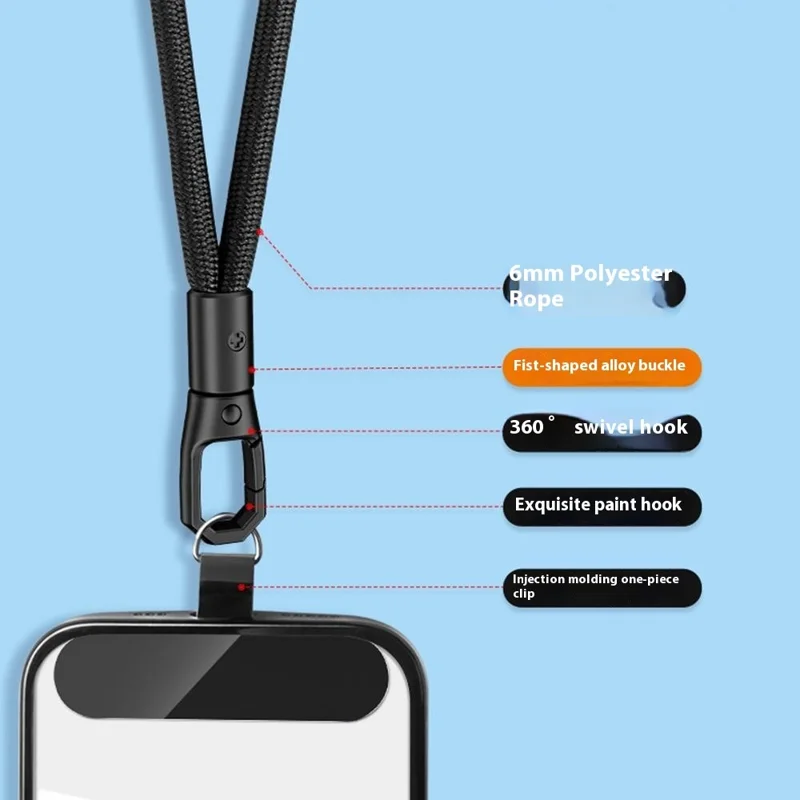 Longe de Téléphone Crossbody de 6 mm Avec Onglet D'attache, Sangles de Téléphone Portable en Boucle Rotative - Noir