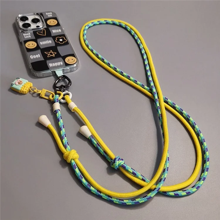 6mm Thick Crossbody Phone Lanyard Adjustable Polyester Neck Strap with Tether Tab, Total Length: 122cm - Cyan+Yellow