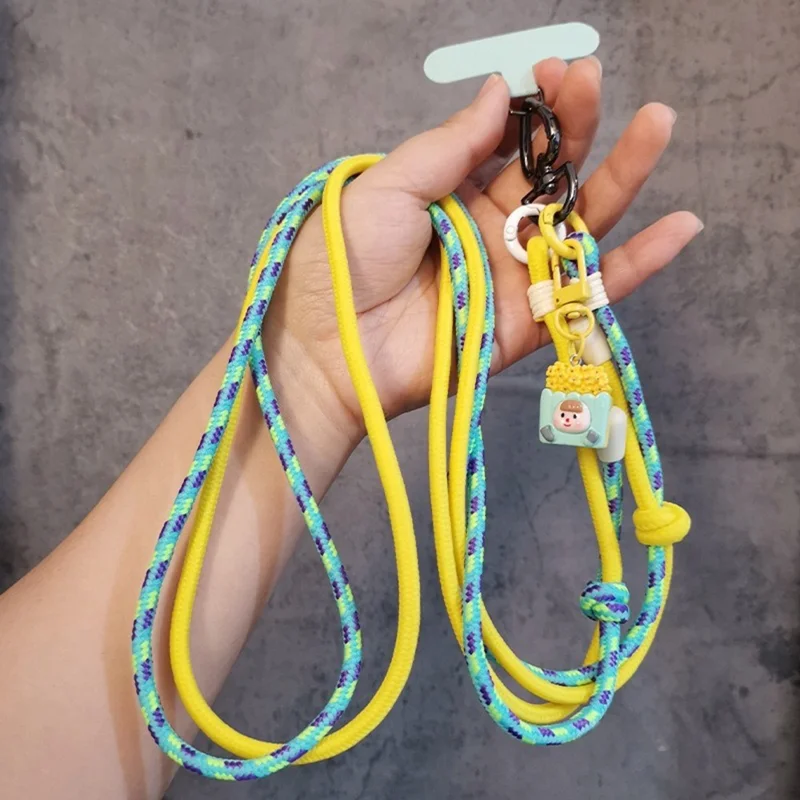 6mm Thick Crossbody Phone Lanyard Adjustable Polyester Neck Strap with Tether Tab, Total Length: 122cm - Cyan+Yellow