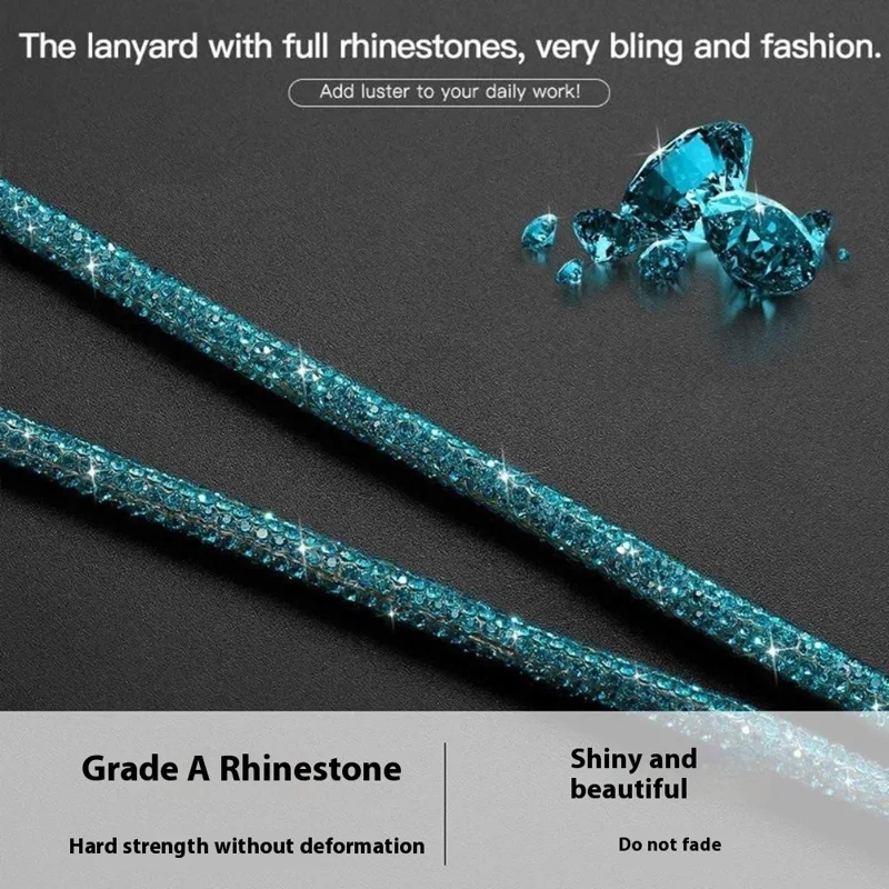 Rhinestone Decor Crossbody Phone Lanyard Neck Shoulder Strap with Tether Tab - Lake Blue