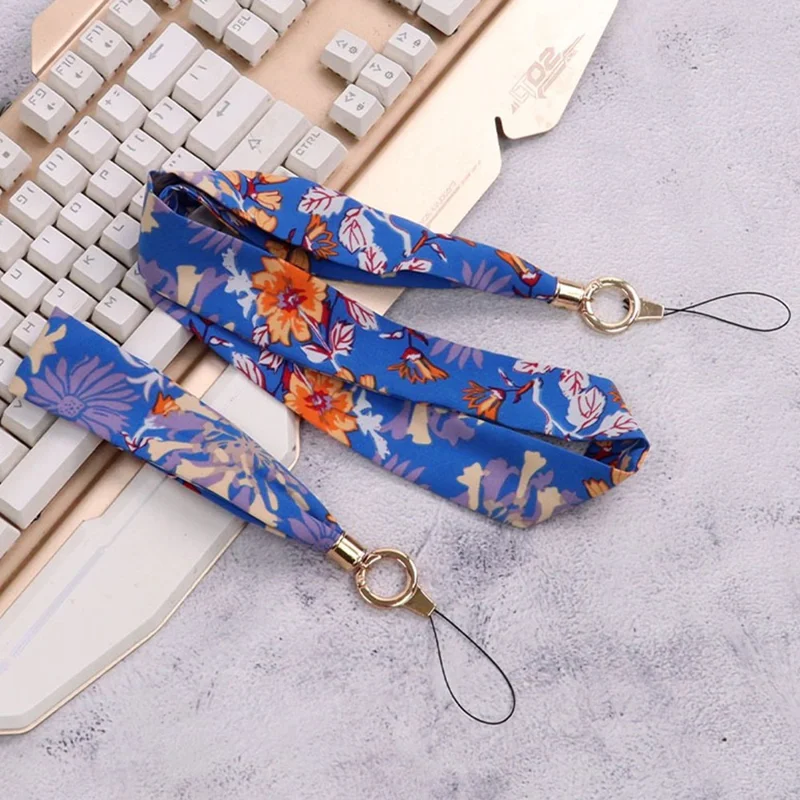 Detachable Cell Phone Lanyard Set Fabric Neck Strap Phone Wrist Strap - Chrysanthemum / Sapphire Blue