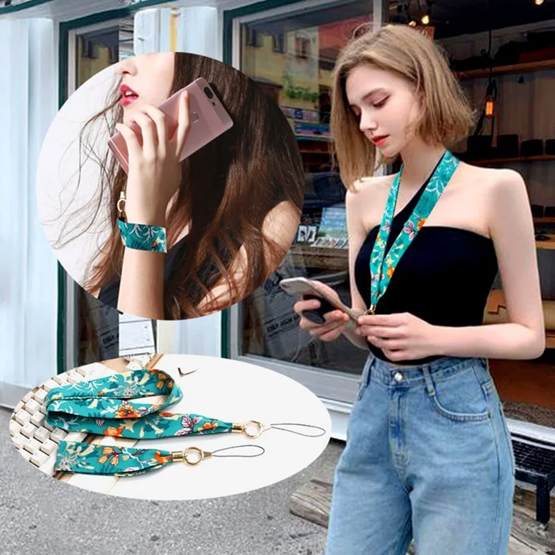 Detachable Cell Phone Lanyard Set Fabric Neck Strap Phone Wrist Strap - Chrysanthemum / Sapphire Blue