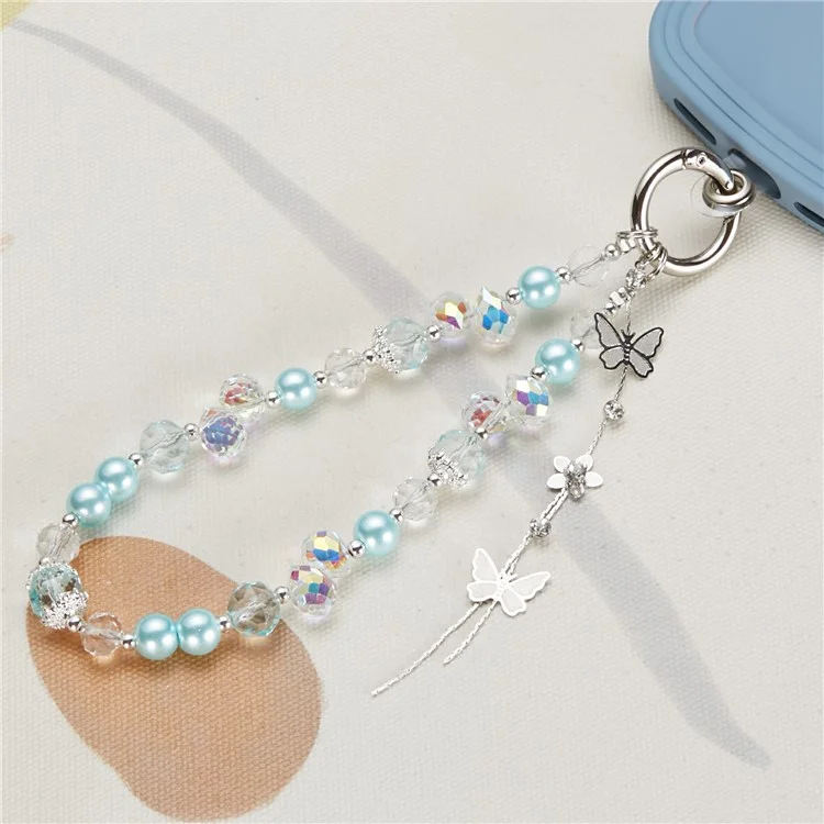 Téléphone Portable Charme Lonyard 26cm Butterfly Pendentiel Pendants Perles Téléphone Case de Poignet Strap Pour Les Filles - Bleu