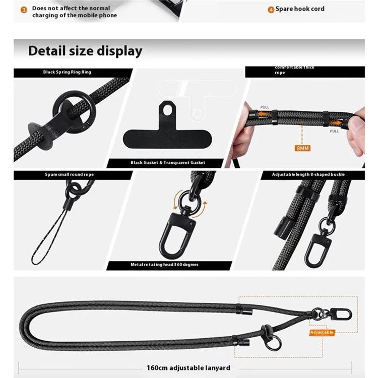 Bulk Purchasing EZ-E0088 Adjustable Phone Strap Anti-Loss Phone Cases Lanyard with Tether Tab - Black