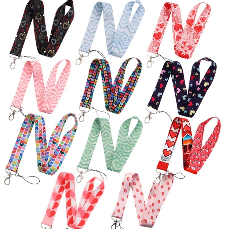Support universel pour téléphone Cordon tour de cou Support pour badge d'identification Porte-cartes Porte-clés Motif coeur Corde - AL426-3 