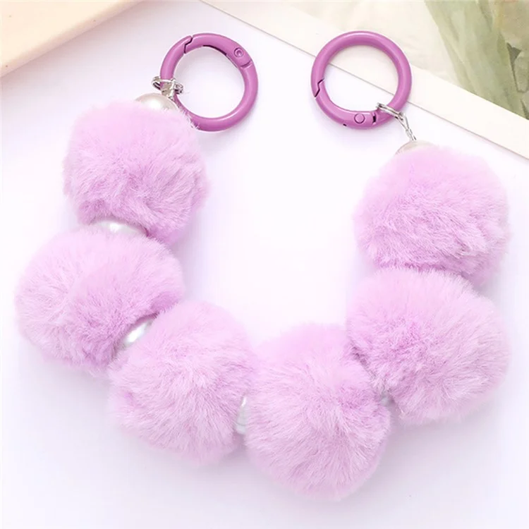 Faux Fur Bead Phone Case Wrist Strap Trendy Phone Charm and Bag Pendant - Purple