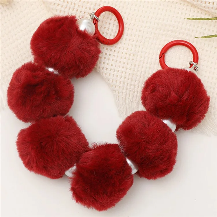 Faux Fur Bead Phone Case Wrist Strap Trendy Phone Charm and Bag Pendant - Wine Red