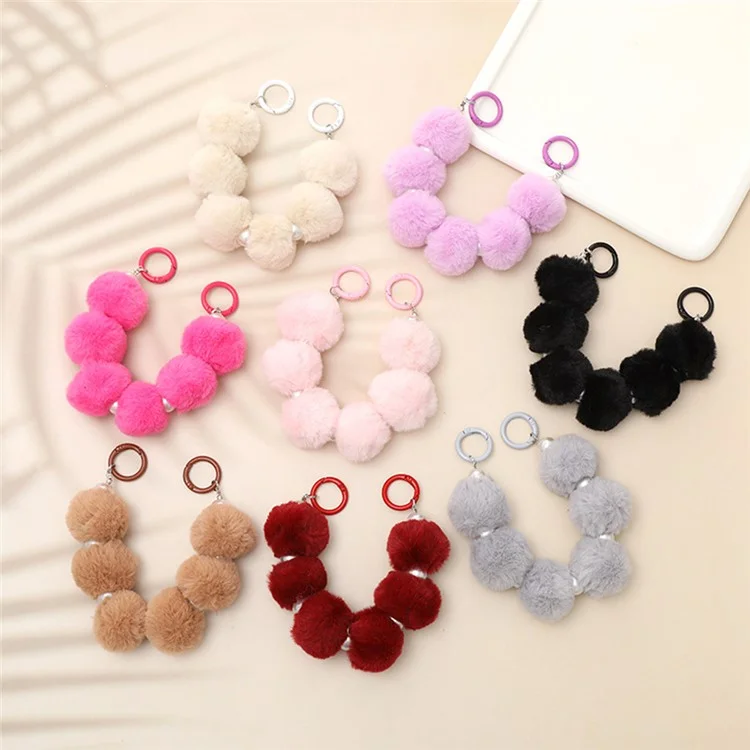 Faux Fur Bead Phone Case Wrist Strap Trendy Phone Charm and Bag Pendant - Wine Red
