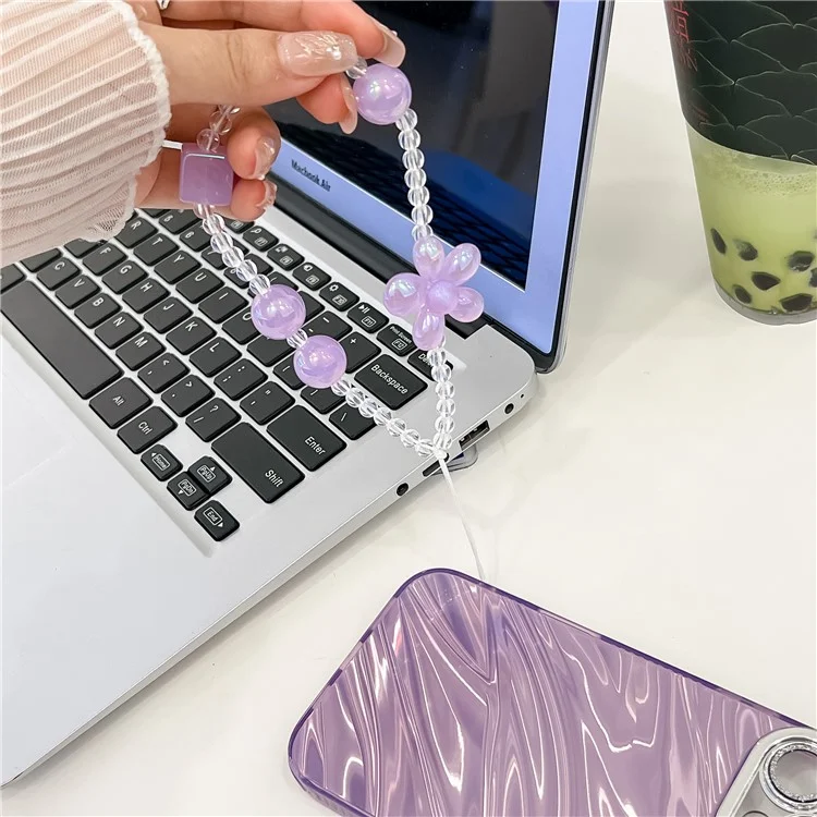 Cadena de teléfono con cuentas, correa, decoración de flor de papelería - Púrpura