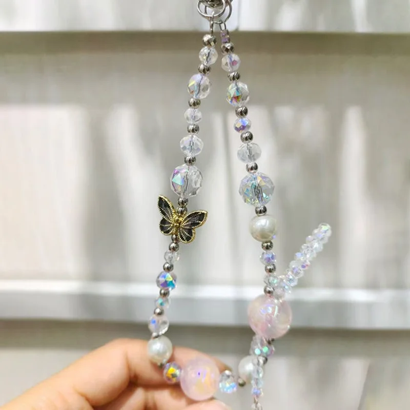 Butterfly Charm 26cm Short Beaded Phone Strap Lanyard Wrist Strap with Tether Tab - Black
