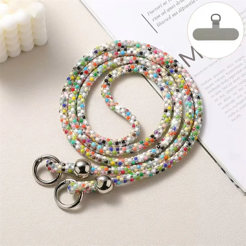 60cm Crossbody Phone Lanyard Strap with Tether Tab Cell Phone Strap Plastic Pearls Rhinestone Decoration - Mult Color Silver
