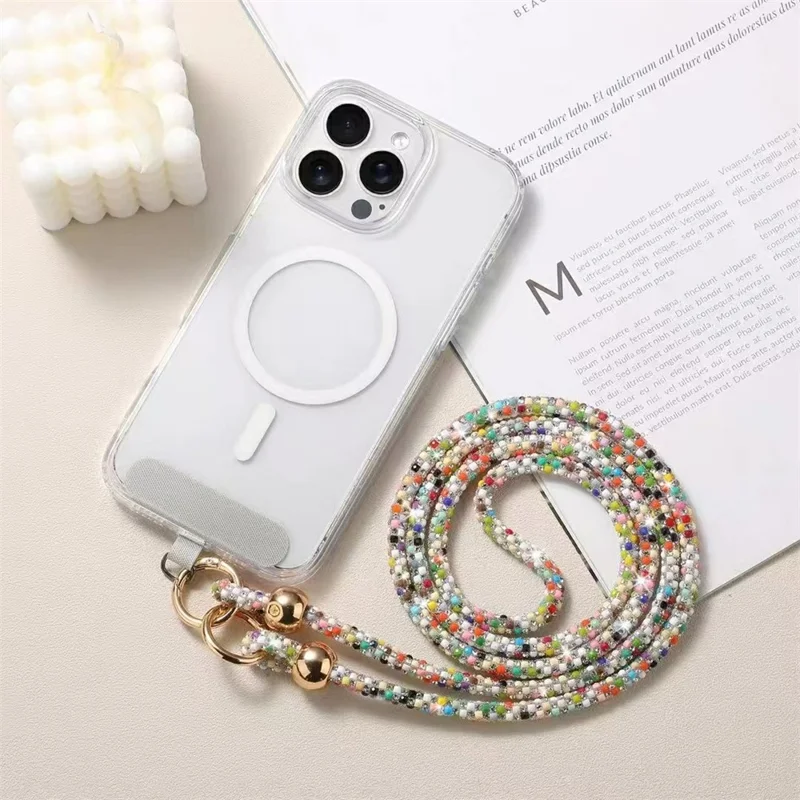60cm Crossbody Phone Lanyard Strap with Tether Tab Cell Phone Strap Plastic Pearls Rhinestone Decoration - Mult Color Silver