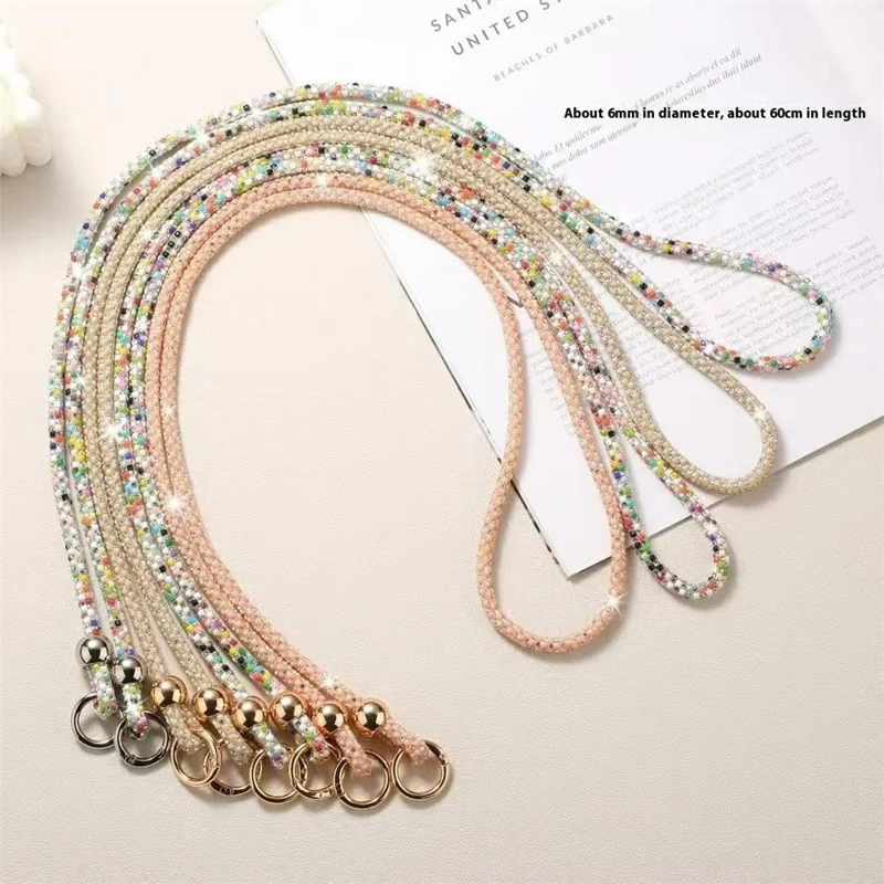 60cm Crossbody Phone Lanyard Strap with Tether Tab Cell Phone Strap Plastic Pearls Rhinestone Decoration - Mult Color Silver