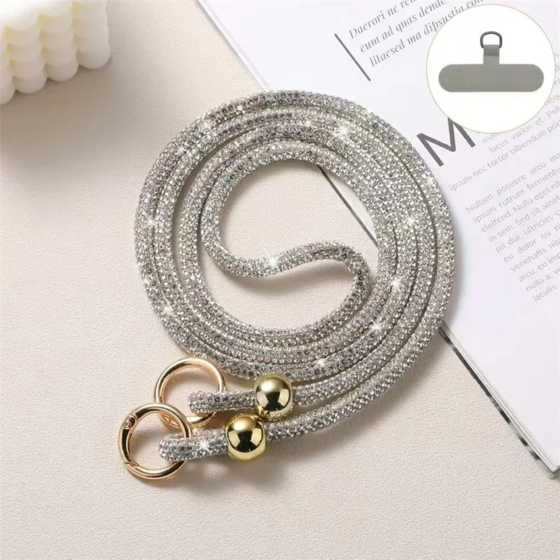 60cm Rhinestone Beaded Phone Lanyard with Tether Tab Adjustable Crossbody Strap - White Gold