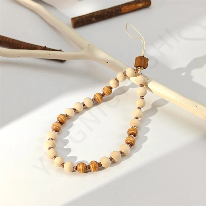ML466 32cm Wooden Phone Chain Maillard Color Vacation Style Wrist Strap Handcrafted Short Lanyard - Style A