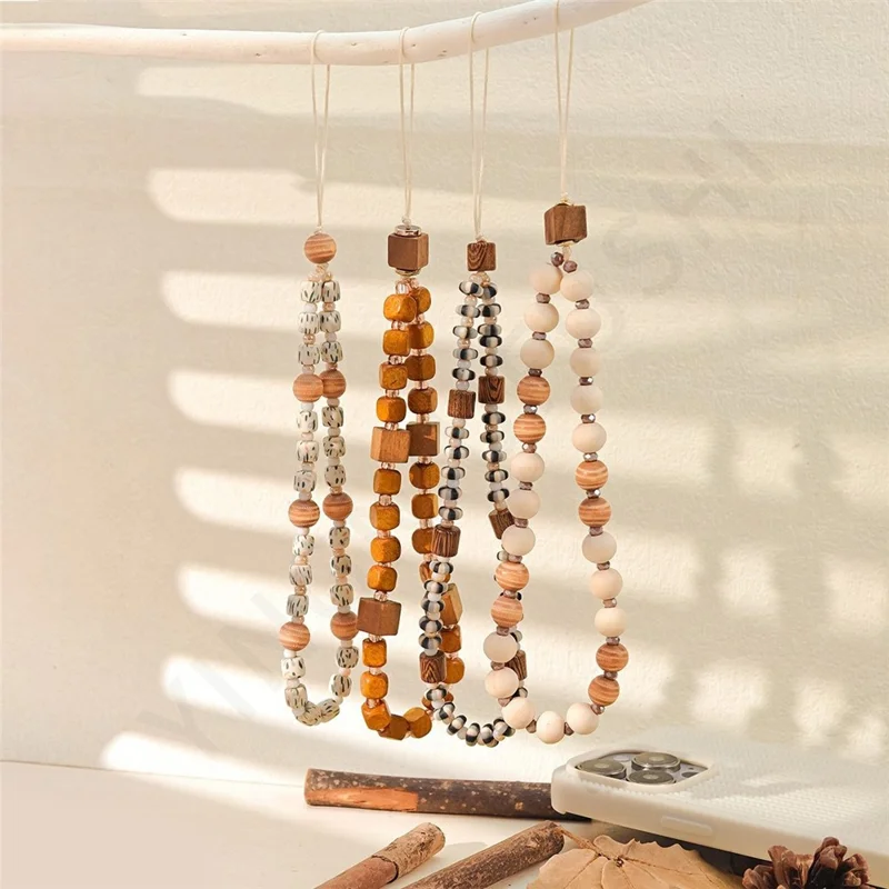 ML466 32cm Wooden Phone Chain Maillard Color Vacation Style Wrist Strap Handcrafted Short Lanyard - Style A