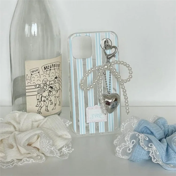 Pingente de Coração com Laço de Borboleta de Pérola Doce com Adesivo de Coração, Acessório de PVC de 25 cm para Decoração de Capas de Celular