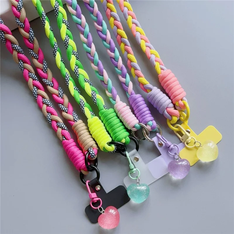 XSGCS Fashionable Crossbody Phone Lanyard Braided Polyester Anti-Lost Strap with Heart Pendant - Style 1
