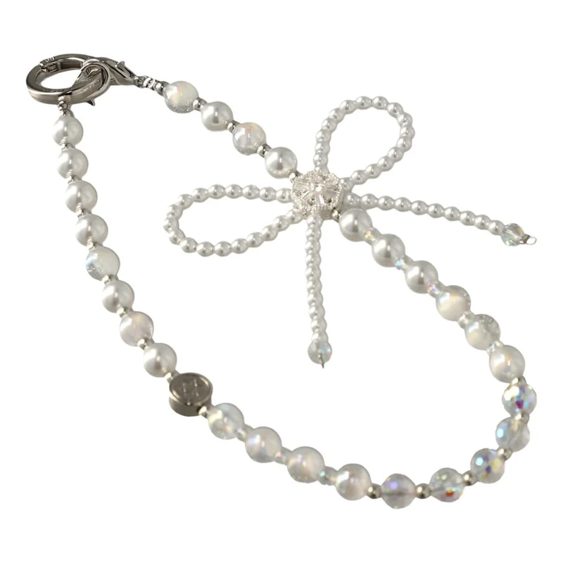 JAUCASE AJ029 White Bow Series Phone Chain with Tether Tabs Crystal Pearl Beads Strap 30cm Length