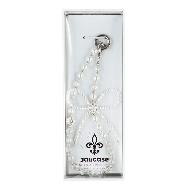 JAUCASE AJ029 White Bow Series Phone Chain with Tether Tabs Crystal Pearl Beads Strap 30cm Length