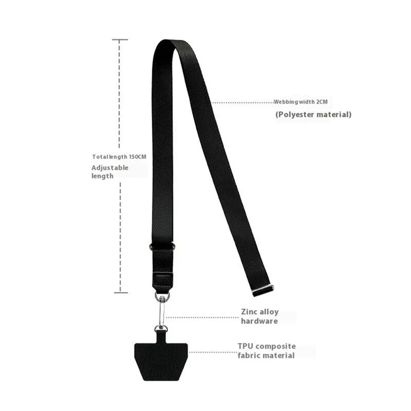 Alça ajustável de telefone transversal Corda trançada com alça larga Suporte simples de identificação com ajuste de comprimento - Preto