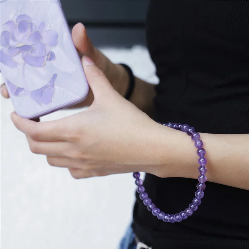 YISIXICI SJL0003 Phone Amethyst Charm Lanyard 8mm Round Bead Decorative Hand Strap