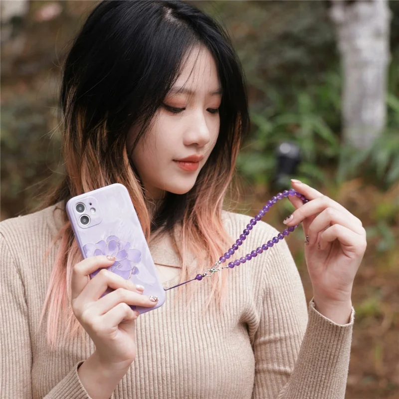 YISIXICI SJL0003 Phone Amethyst Charm Lanyard 8mm Round Bead Decorative Hand Strap