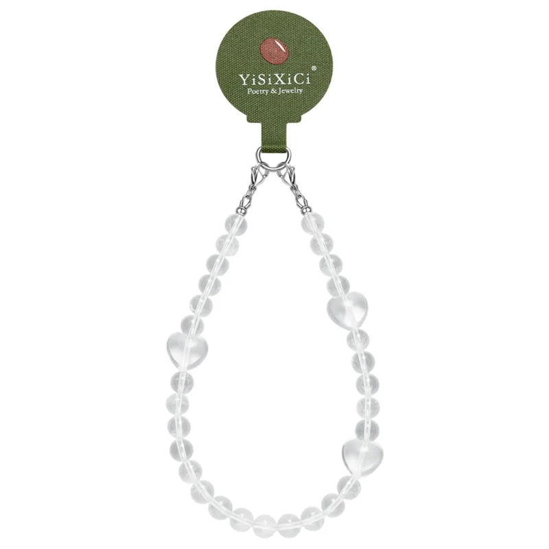 YISIXICI SJL0005 Braccialetto Charm Bianco Cristallo con Design a Cuore, Perline Rotonde da 8mm per Laccetto da Polso per Telefono