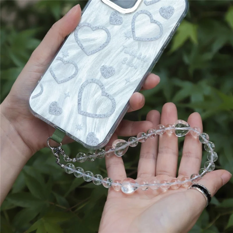 YISIXICI SJL0005 Braccialetto Charm Bianco Cristallo con Design a Cuore, Perline Rotonde da 8mm per Laccetto da Polso per Telefono