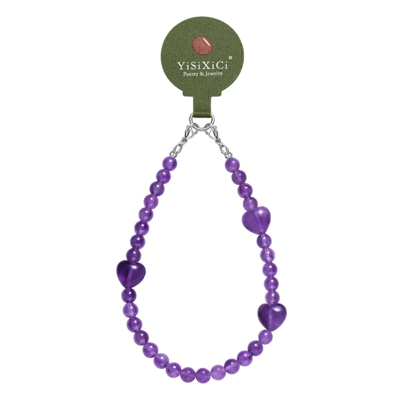 YISIXICI SJL0007 Pulsera de Amuleto de Amatista Diseño de Corazón Cuentas Redondas de 8mm Cordón de Muñeca para Teléfono