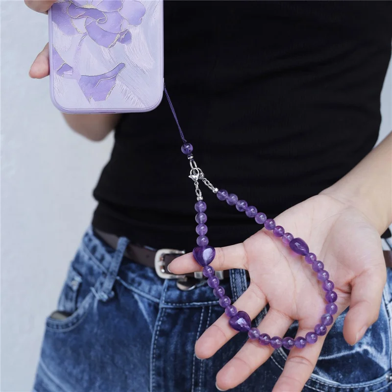 YISIXICI SJL0007 Pulsera de Amuleto de Amatista Diseño de Corazón Cuentas Redondas de 8mm Cordón de Muñeca para Teléfono