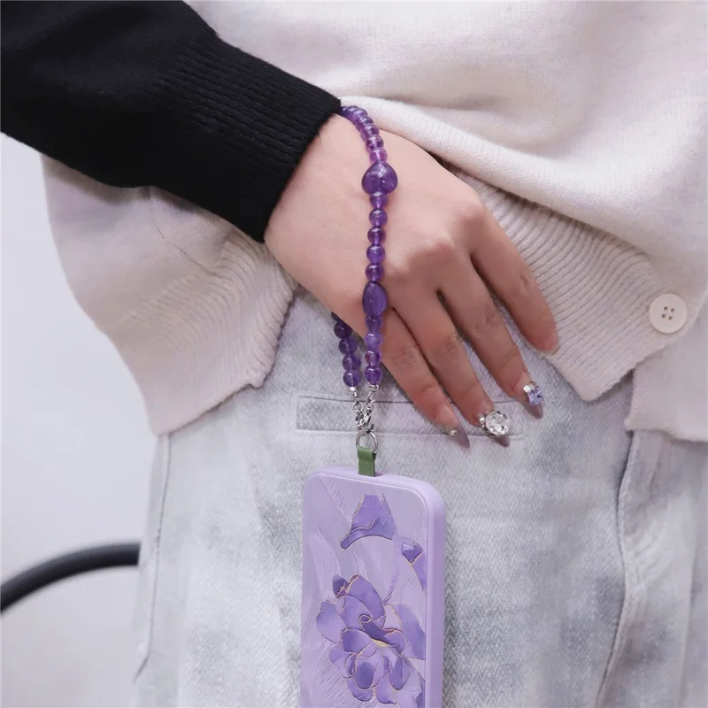 YISIXICI SJL0007 Pulsera de Amuleto de Amatista Diseño de Corazón Cuentas Redondas de 8mm Cordón de Muñeca para Teléfono