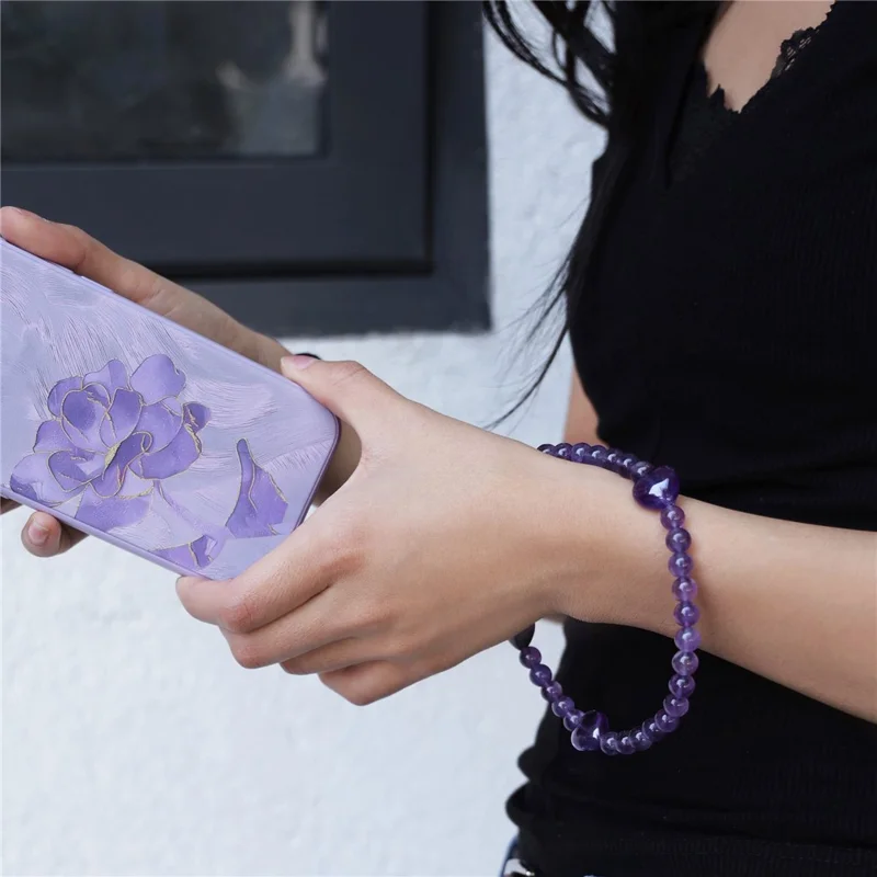 YISIXICI SJL0007 Pulsera de Amuleto de Amatista Diseño de Corazón Cuentas Redondas de 8mm Cordón de Muñeca para Teléfono