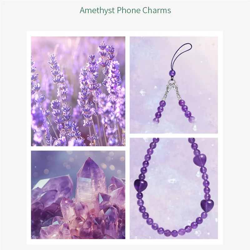 YISIXICI SJL0007 Pulsera de Amuleto de Amatista Diseño de Corazón Cuentas Redondas de 8mm Cordón de Muñeca para Teléfono