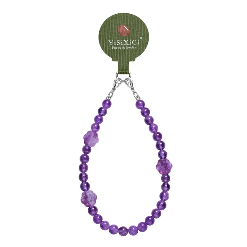 YISIXICI SJL0008 Phone Charms Hand Strap 8mm Round Bead Amethyst Fluorite Flower Design Lanyard