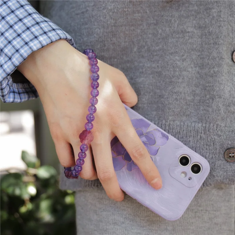 YISIXICI SJL0008 Phone Charms Hand Strap 8mm Round Bead Amethyst Fluorite Flower Design Lanyard