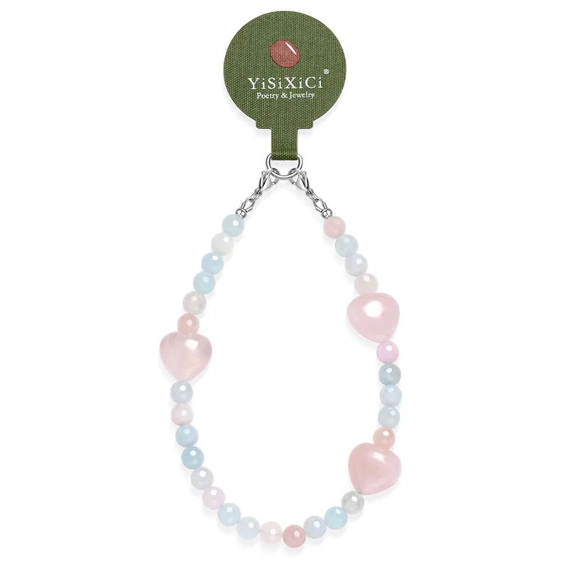 YISIXICI SJL0011 Braccialetto con Perline Poligonali da 8mm, Design a Cuore con Pietra Morgan + Ciondolo per Cellulare con Cristallo Rosa e Laccetto da Polso