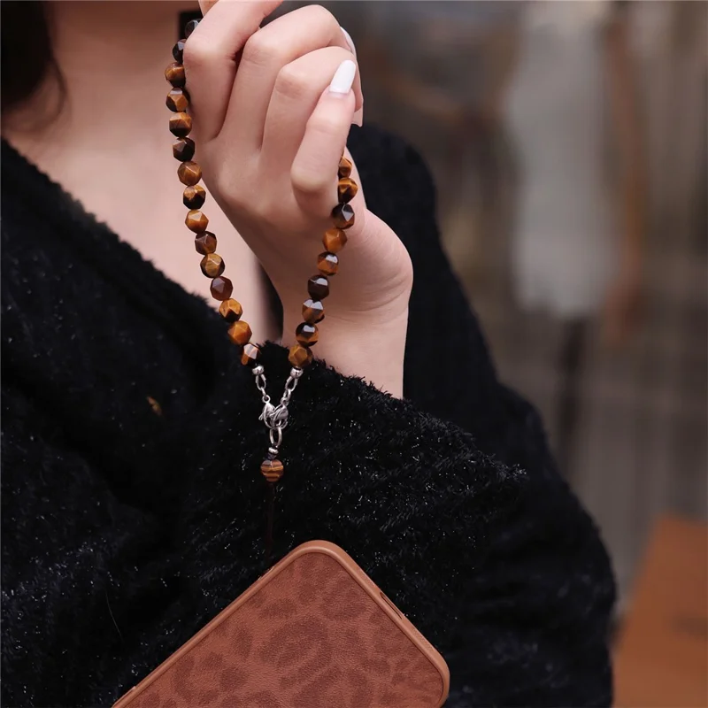 YISIXICI SJL0014 Braccialetto con Charm per Telefono in Pietra di Occhio di Tigre, Perline Poligonali da 8 mm con Laccetto da Polso