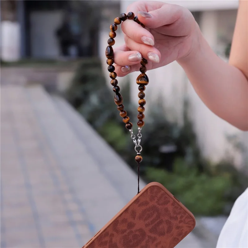 YISIXICI SJL0015 Tiger Eye Stone Charm Bracelet Heart Design 8mm Round Bead Phone Wrist Lanyard
