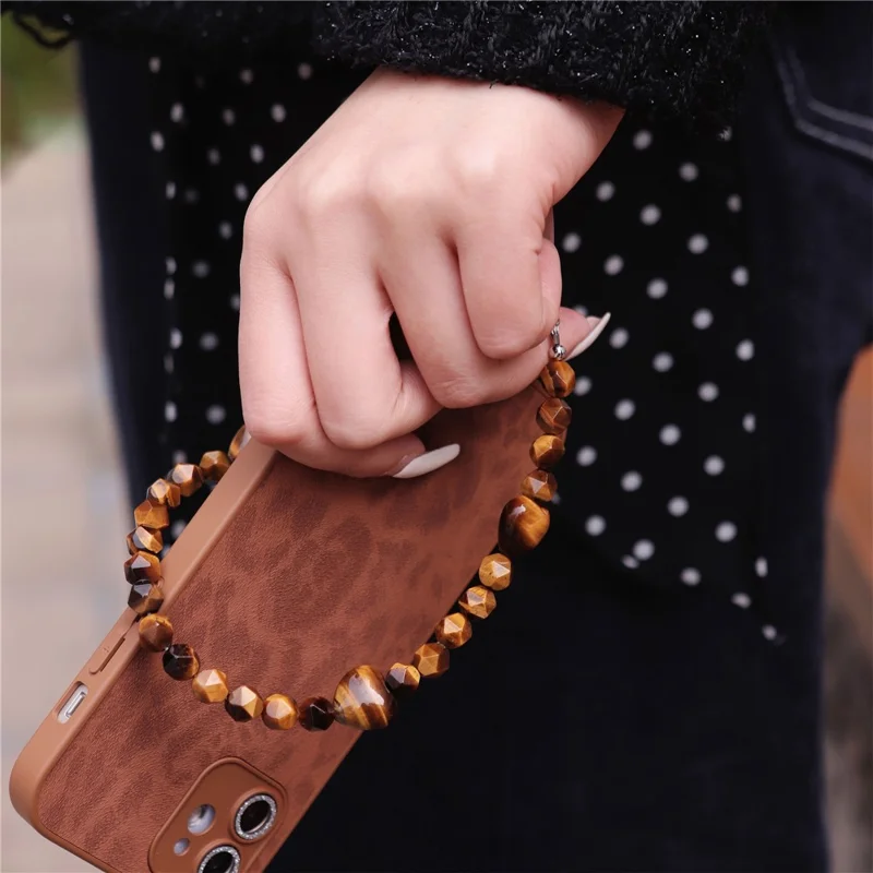 YISIXICI SJL0016 8mm Polygonal Bead Bracelet Heart Design Tiger Eye Stone Phone Charm Wrist Lanyard