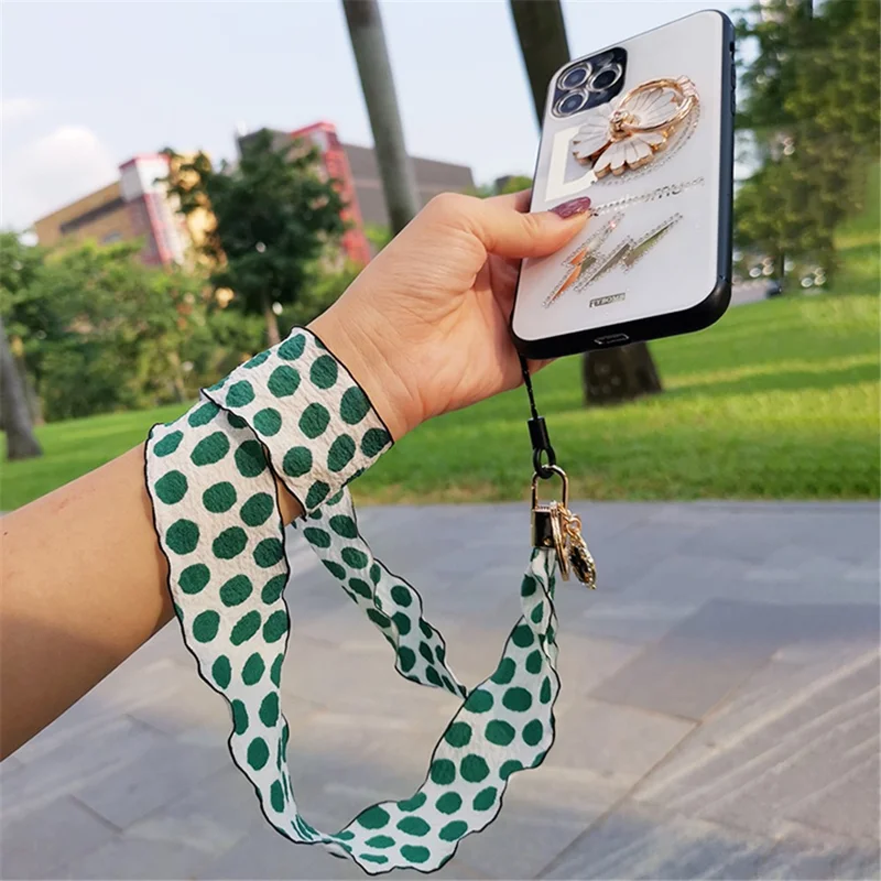 Silk Scarf Style Phone Lanyard Phone Neck Strap with Clover Pendant for Keys ID Badge - Green Dots