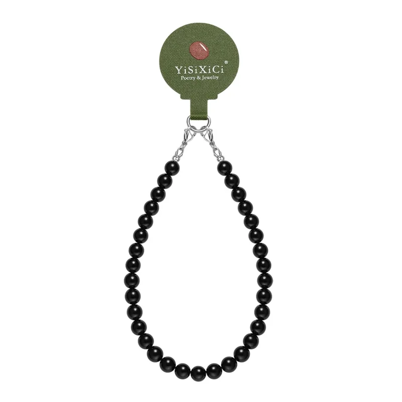 YISIXICI SJL0017 Pulseira de Encantos de Turmalina Negra com Contas Redondas de 8mm e Cordão de Pulso para Celular