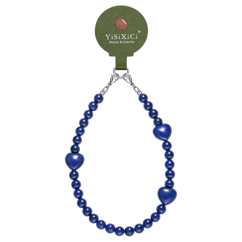 YISIXICI SJL0024 Lapis Lazuli Charm Bracelet Heart Design 8mm Round Bead Phone Wrist Lanyard