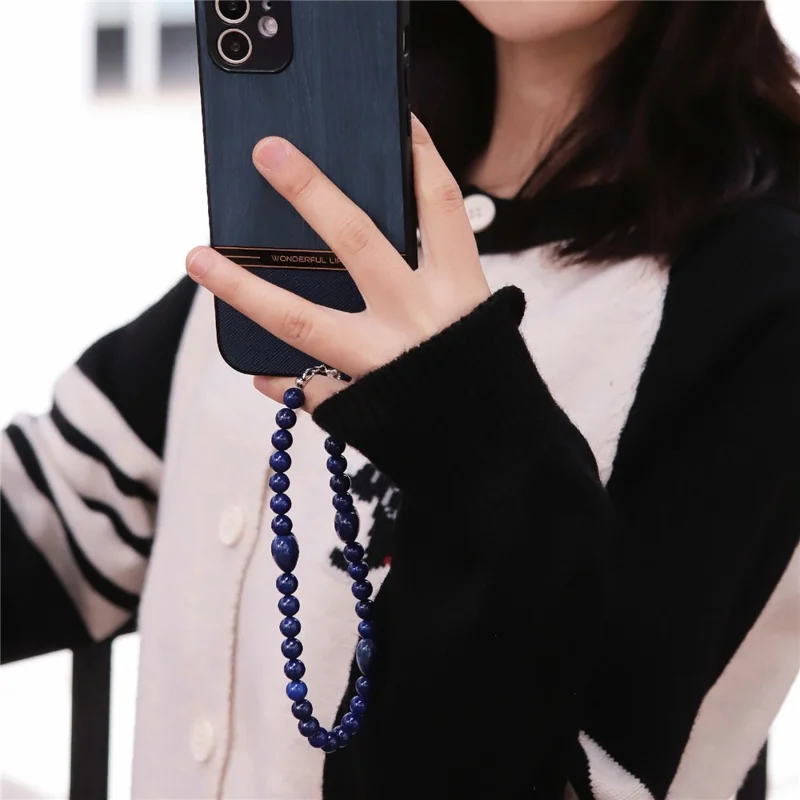 YISIXICI SJL0024 Lapis Lazuli Charm Bracelet Heart Design 8mm Round Bead Phone Wrist Lanyard