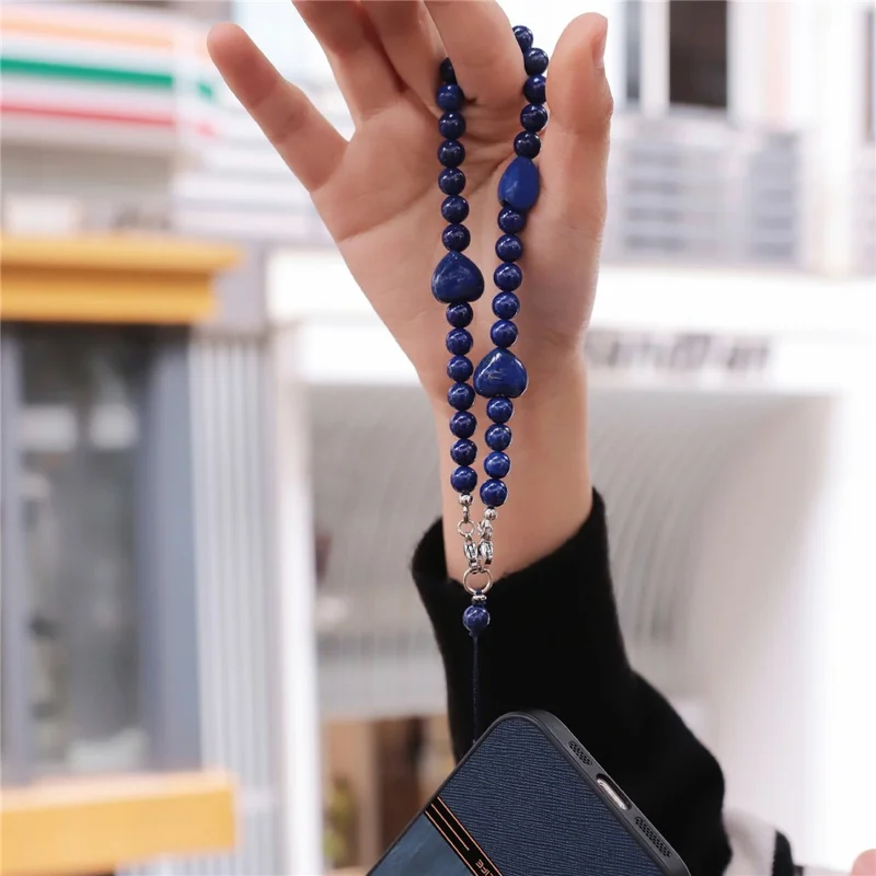 YISIXICI SJL0024 Lapis Lazuli Charm Bracelet Heart Design 8mm Round Bead Phone Wrist Lanyard