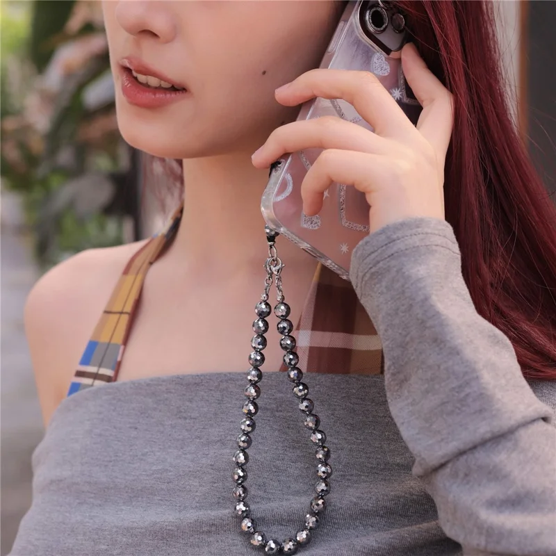 YISIXICI SJL0025 Bracelet de Perles de 8 mm en Pierre de Térahertz avec Dragonne pour Téléphone et Lanière de Poignet