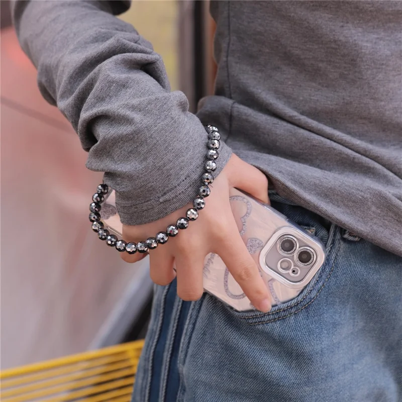 YISIXICI SJL0025 Bracelet de Perles de 8 mm en Pierre de Térahertz avec Dragonne pour Téléphone et Lanière de Poignet