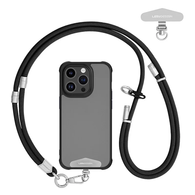 LEEU DESIGN 160cm 3 in 1 Phone Lanyard Crossbody Adjustable Phone Strap Detachable Wrist Strap with Silver Tether Tab - Black